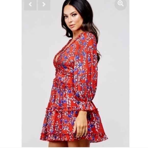 L'ATISTE by Amy‎ Anthropologie Red Floral Long Sleeve Open Back Short Dress Sz S - Picture 13 of 14